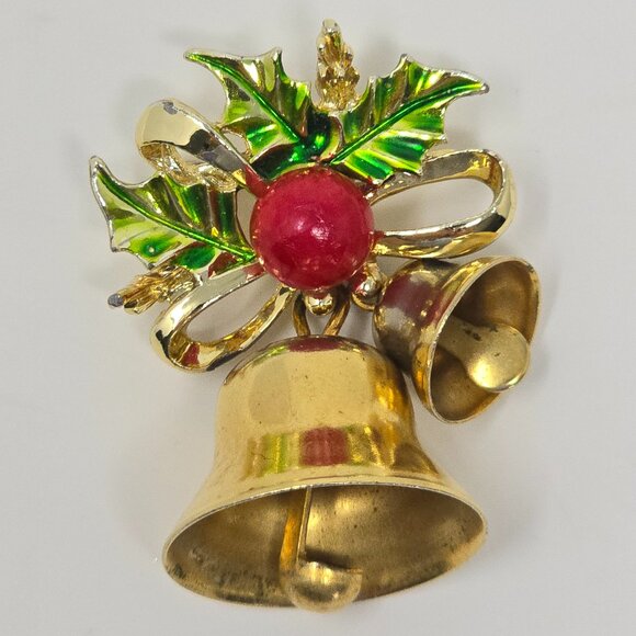 Vintage Gerry’s Christmas Jingle Bells Brooch Holly Leaves Red Berry Pin - Picture 2 of 7
